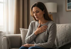 A woman sitting on a sofa at home with her hand on her chest, looking anxious.
