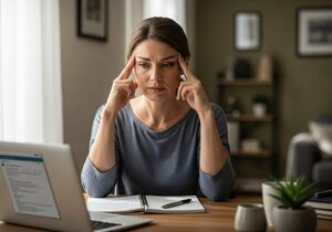 A woman at her desk pressing her fingers to her temples, struggling to concentrate.