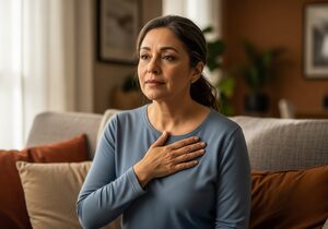 A woman sitting on a sofa with her hand pressed to her chest, noticing her heartbeat.