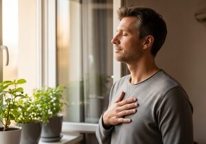 A man taking a calm breath by an open window at home with his hand on his chest.