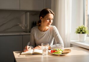 A woman sitting by a bright kitchen window with a glass of water and a healthy meal, looking thoughtful.