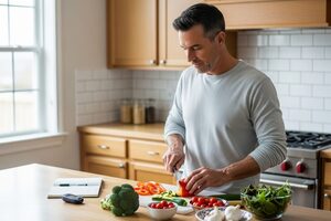 A man preparing a balanced meal with fresh vegetables in a bright kitchen with a glucose meter nearby.