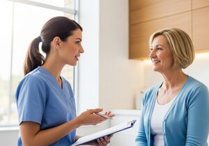A healthcare provider consulting with a smiling patient in a bright medical weight loss clinic.